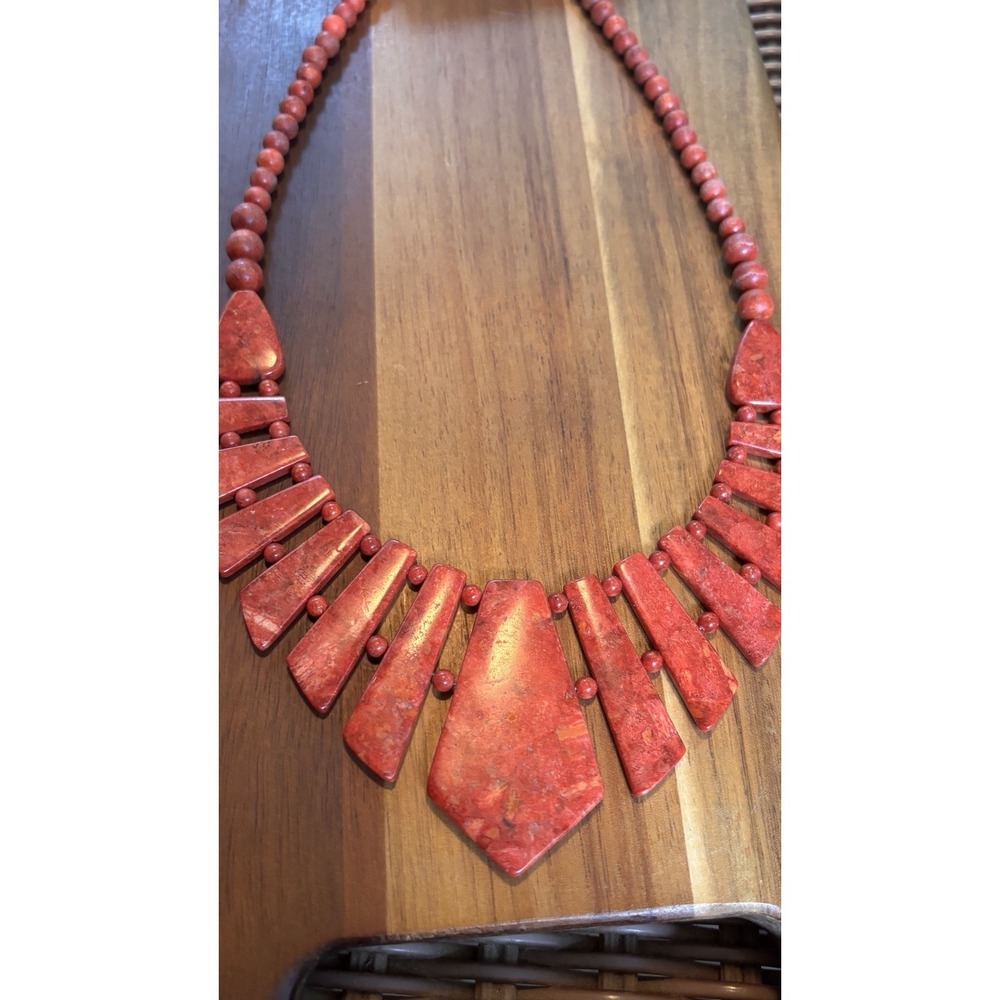 Red Beaded Statement Bib Necklace Geometric Pendant Ball/Bead Lobster Jay king